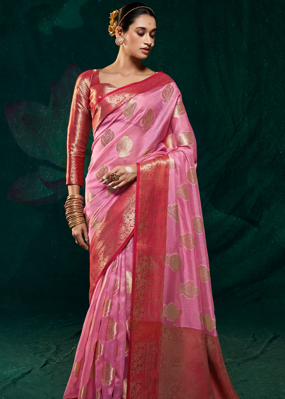 Lavender Pink Woven Banarasi Organza Silk Saree