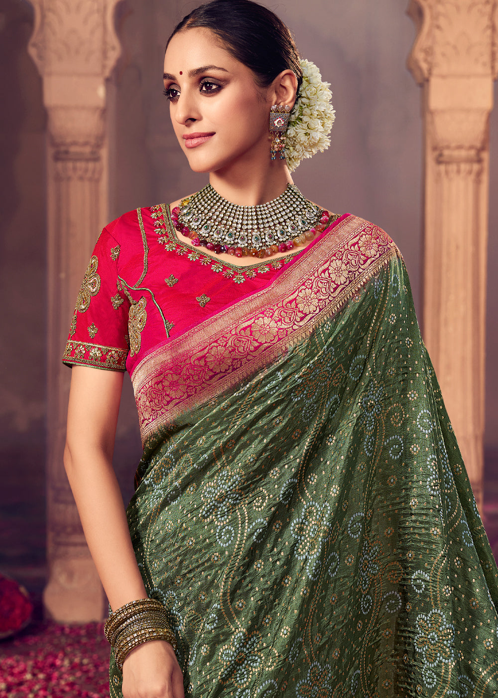 Siam Green and Pink Zari Woven Designer Banarasi Saree