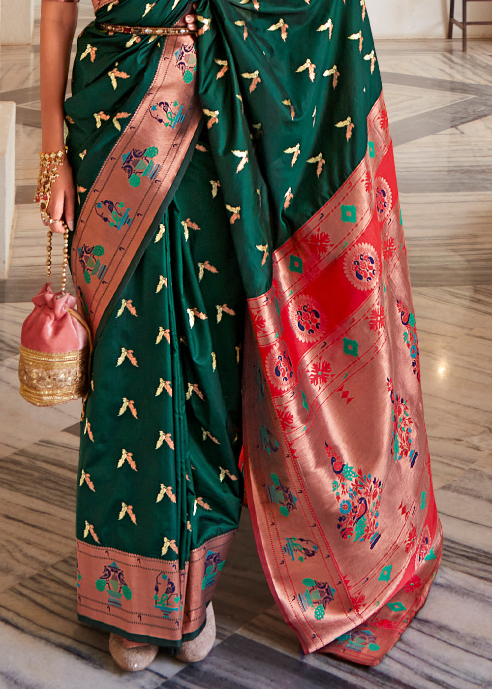 Palm Green and Pink Zari Woven Paithani Silk Saree