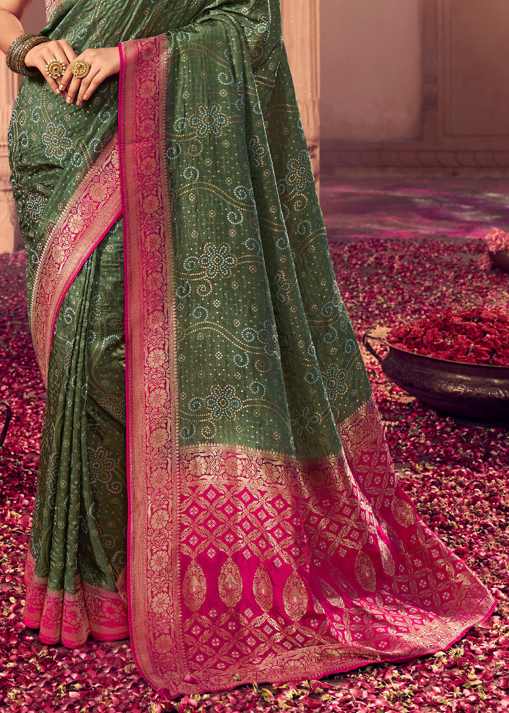 Siam Green and Pink Zari Woven Designer Banarasi Saree