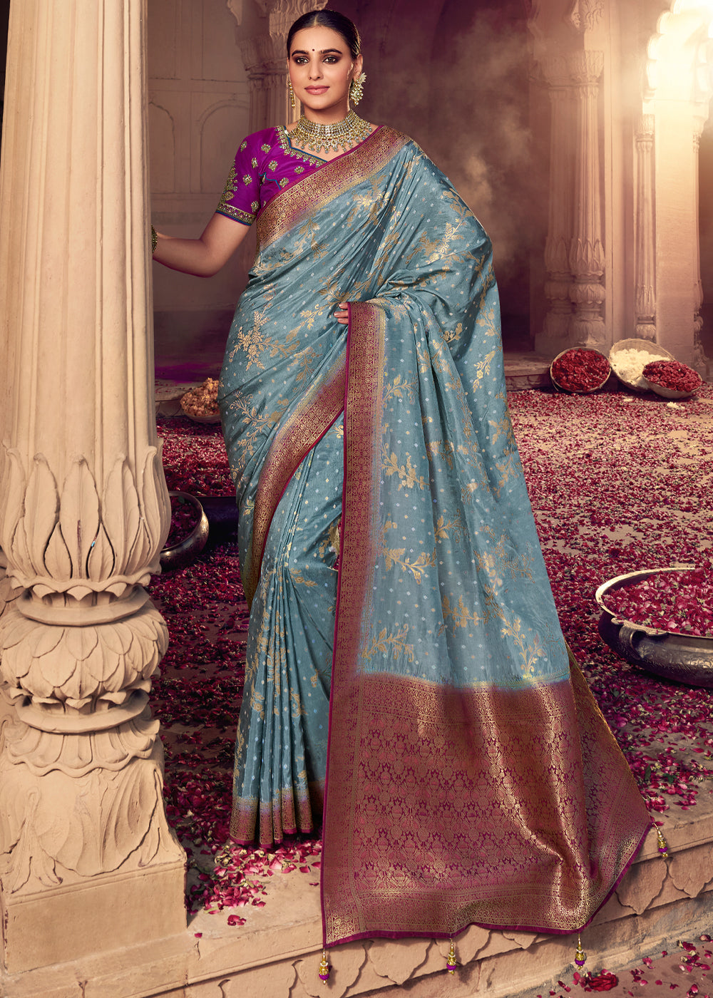 Granny Smith Grey and Purple Zari Woven Designer Banarasi Saree