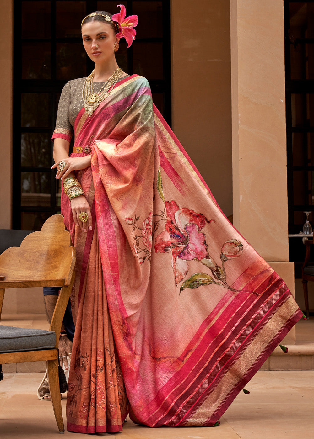 Roman Pink Printed Patola Soft Silk Saree