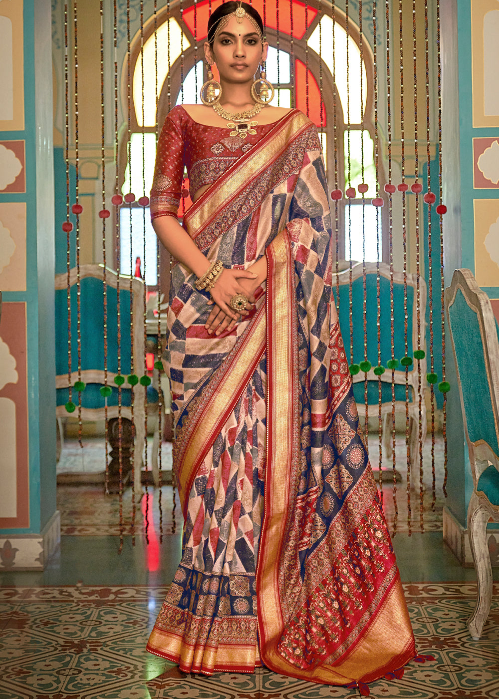 Blackcurrant Blue and Red Printed Patola Soft Silk Saree