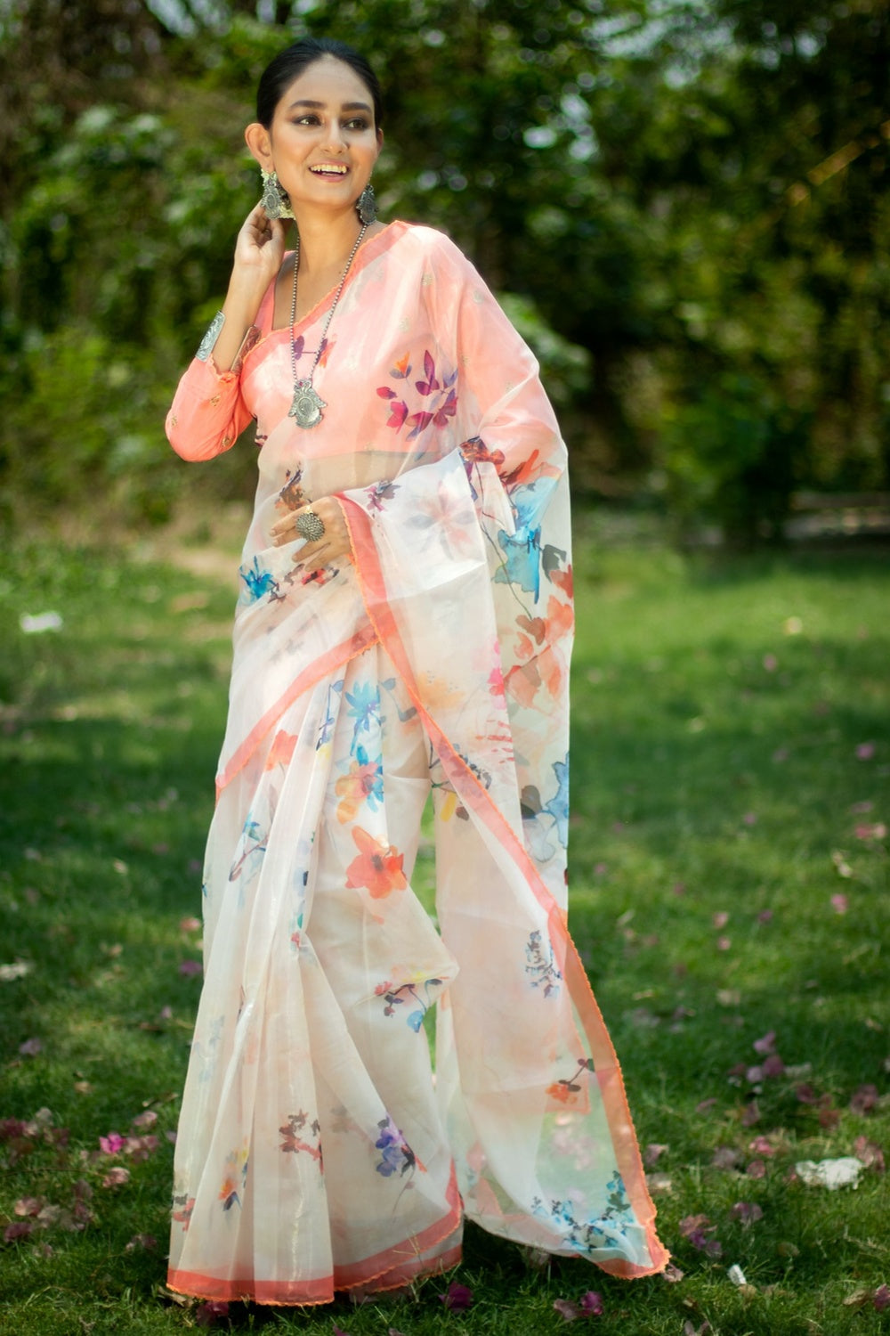 Melon Pink Floral Design Organza Printed Saree