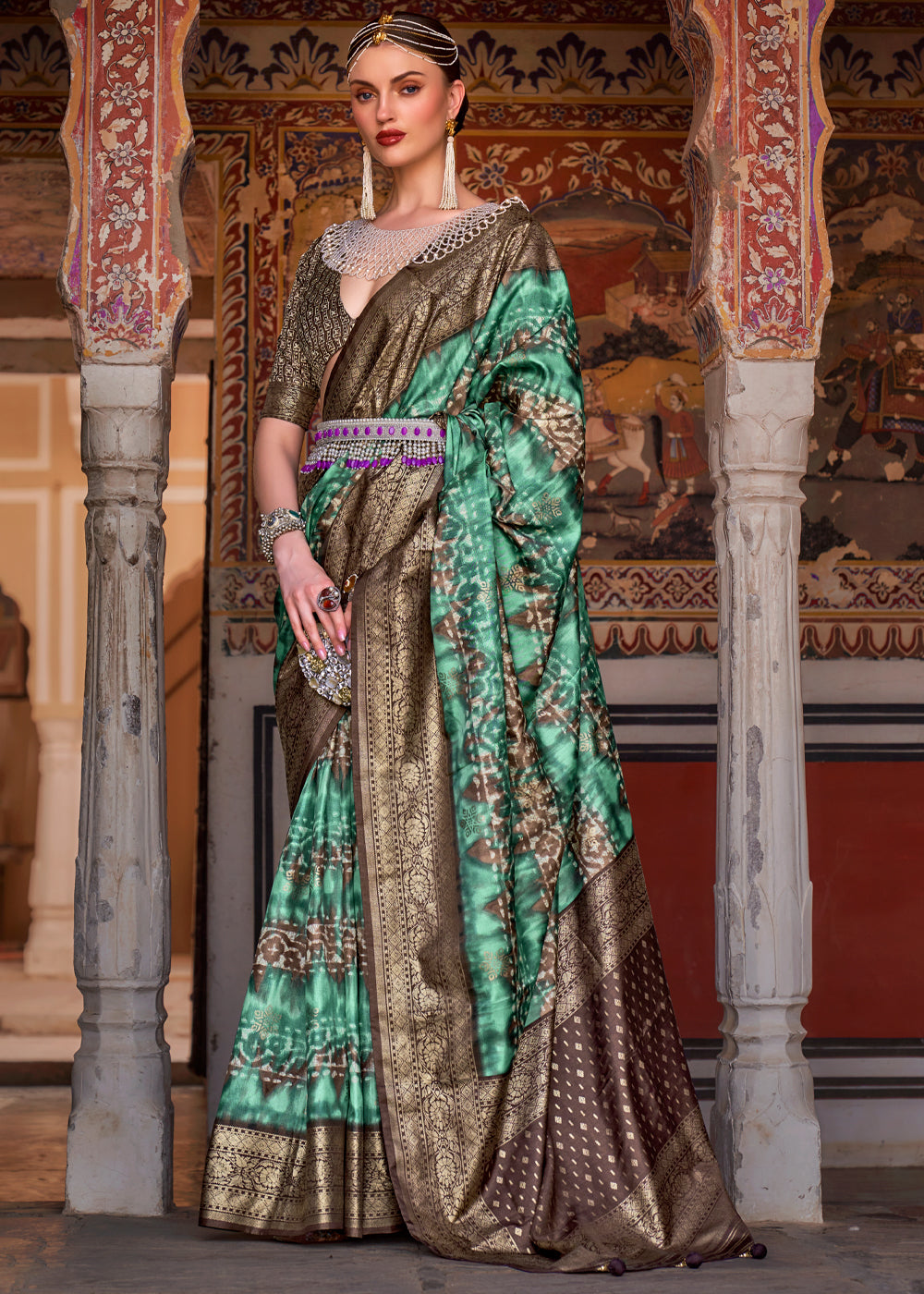 Patina Green Printed Patola Soft Silk Saree