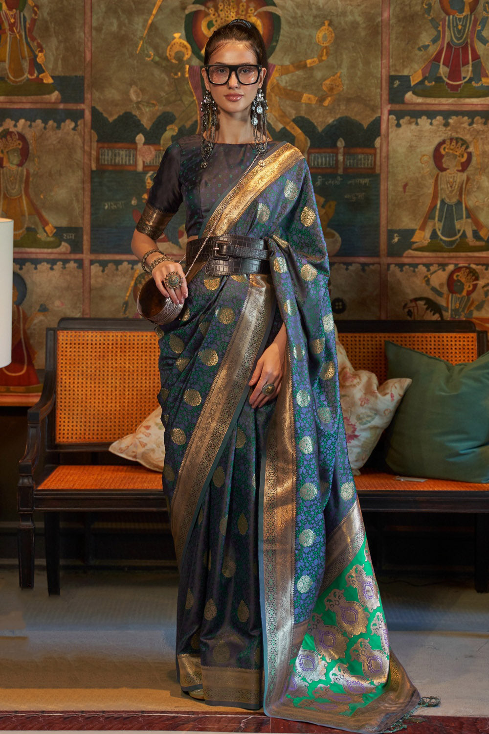 William Blue Satin Handloom Silk Saree