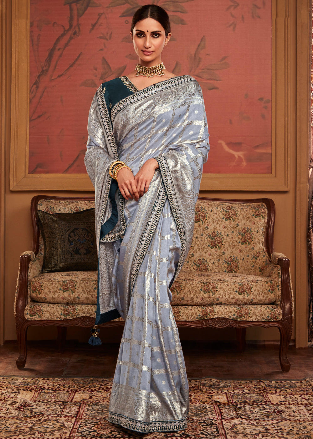 Silver Grey Woven Banarasi Designer Silk Saree With Embroidered Blouse