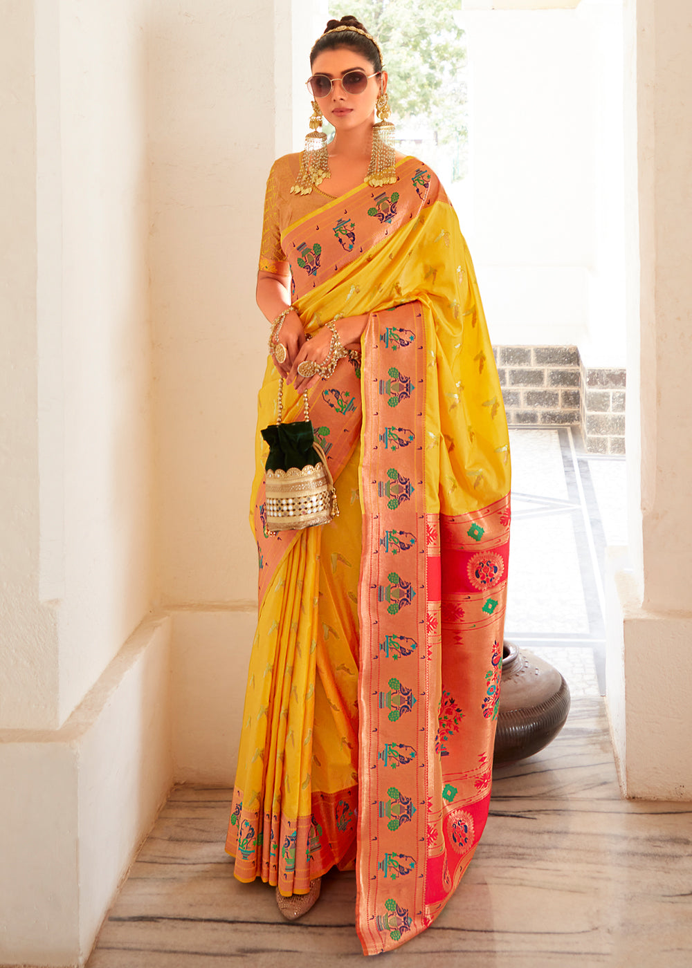 Mustard Yellow and Pink Zari Woven Paithani Silk Saree