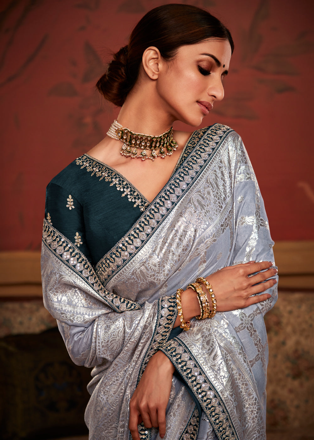 Silver Grey Woven Banarasi Designer Silk Saree With Embroidered Blouse