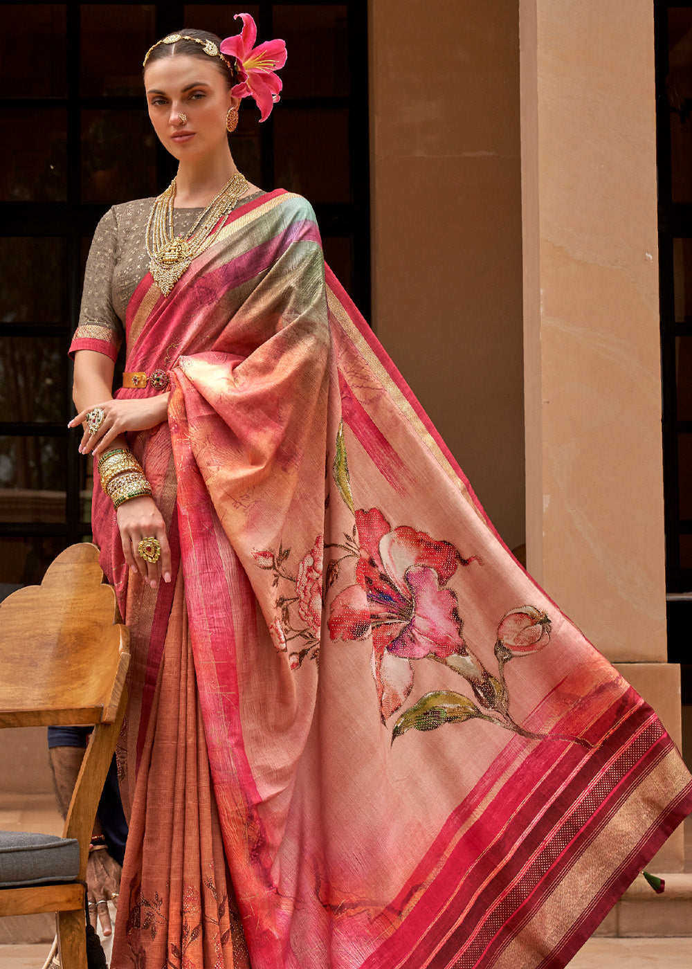 Roman Pink Printed Patola Soft Silk Saree