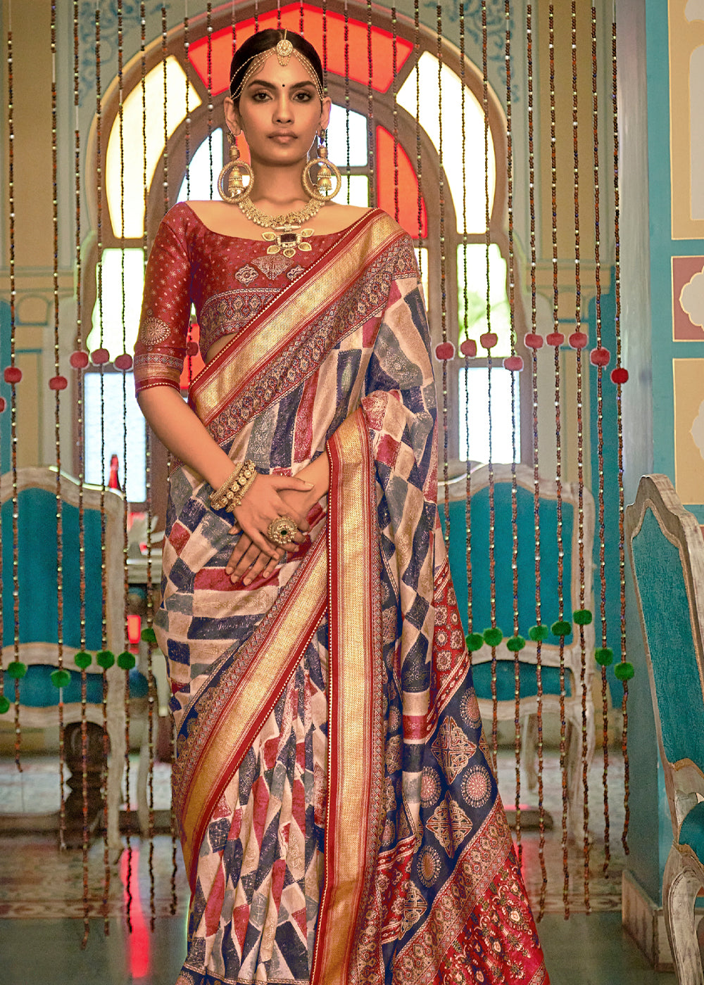 Blackcurrant Blue and Red Printed Patola Soft Silk Saree