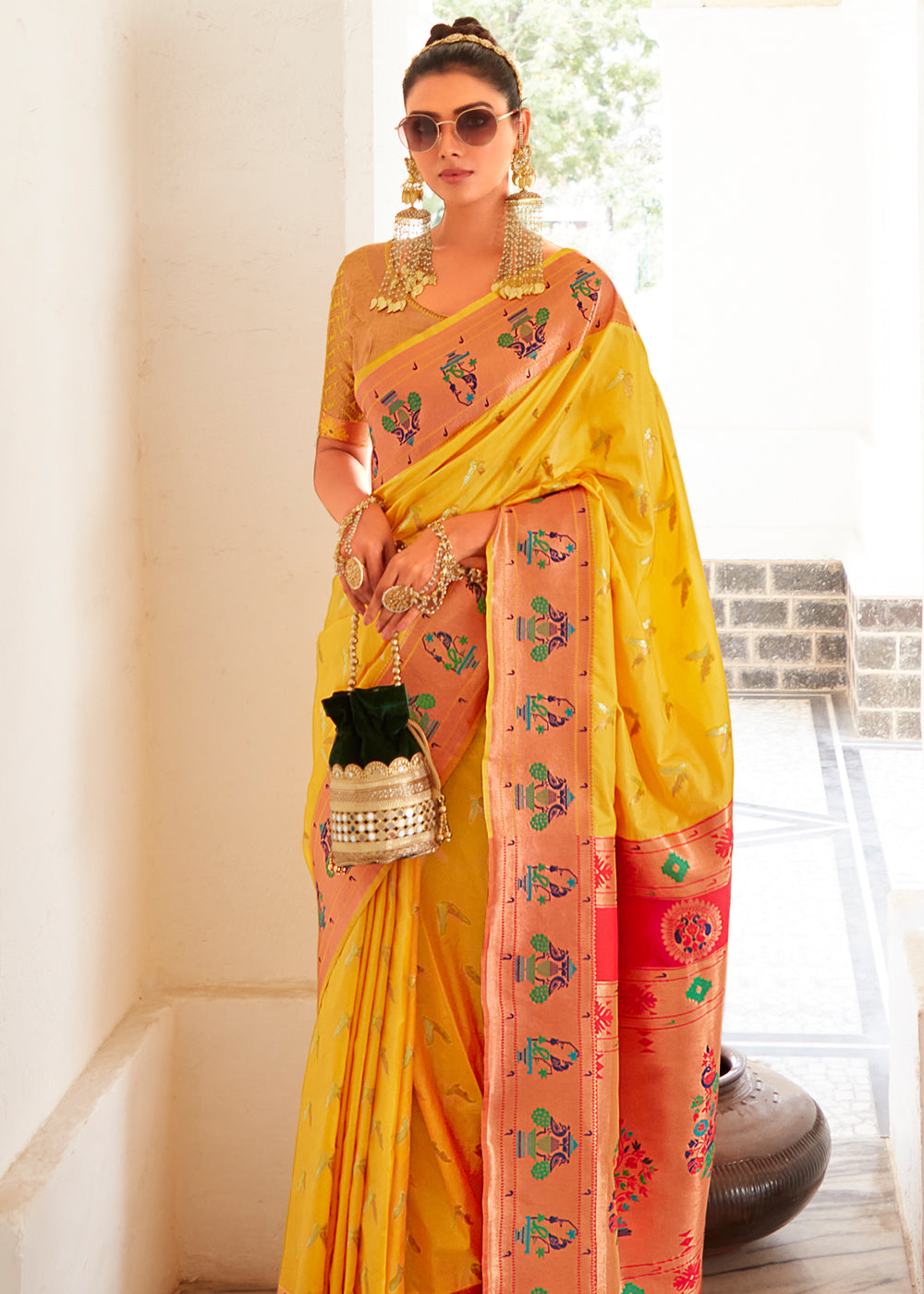 Mustard Yellow and Pink Zari Woven Paithani Silk Saree