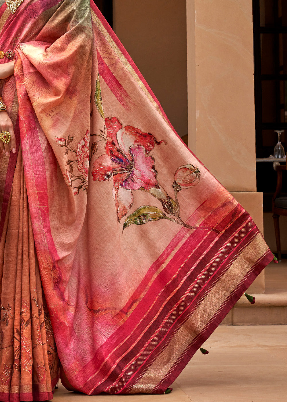 Roman Pink Printed Patola Soft Silk Saree