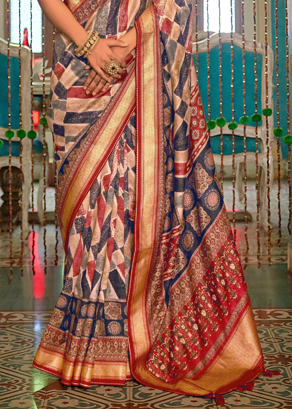 Blackcurrant Blue and Red Printed Patola Soft Silk Saree