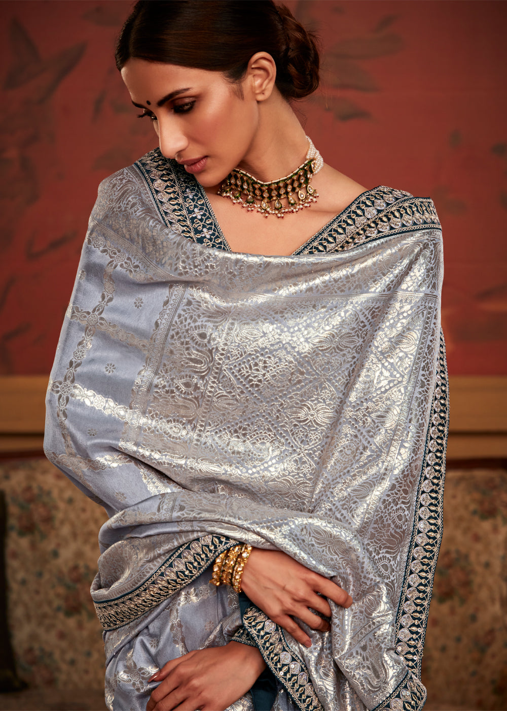 Silver Grey Woven Banarasi Designer Silk Saree With Embroidered Blouse