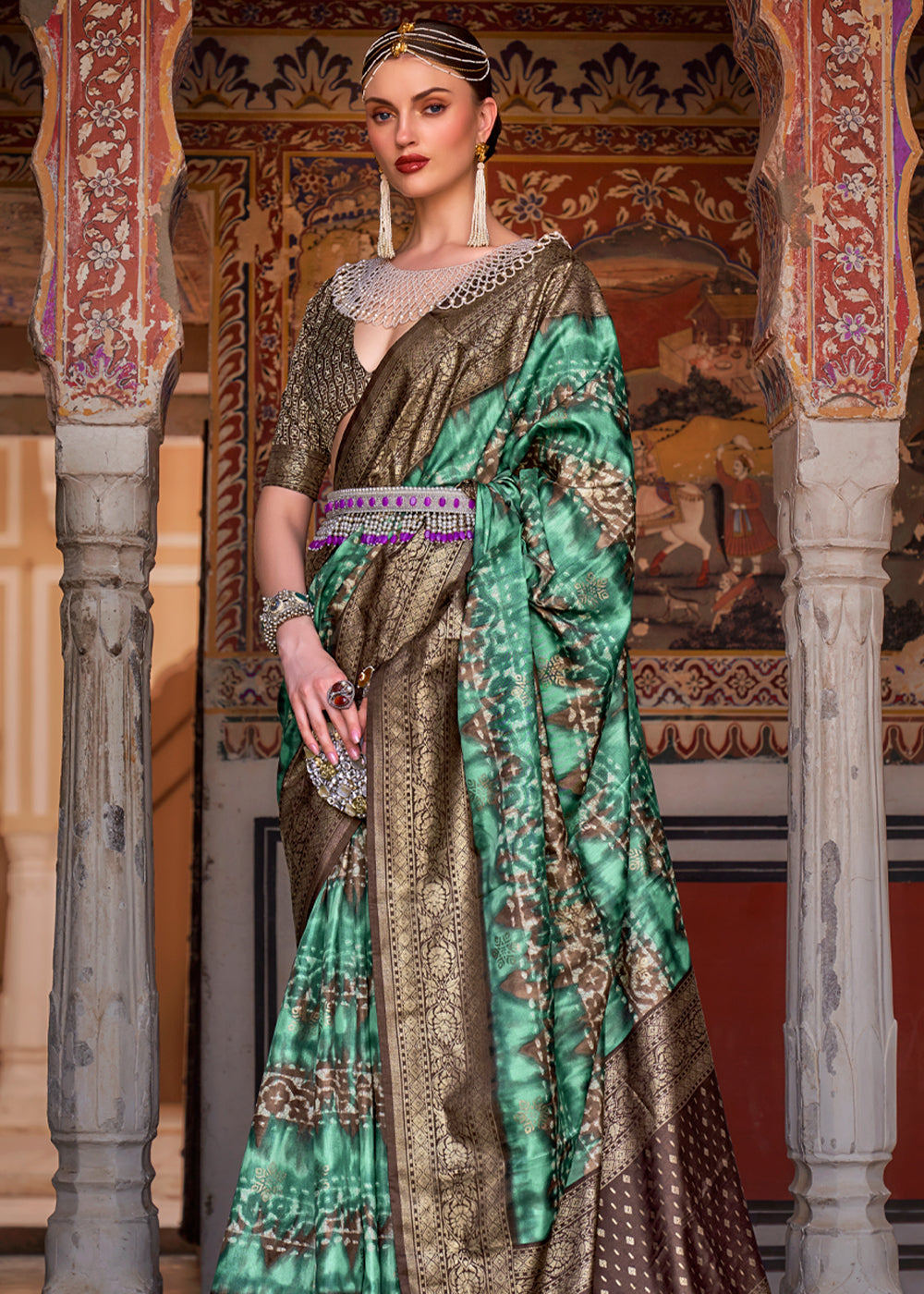 Patina Green Printed Patola Soft Silk Saree