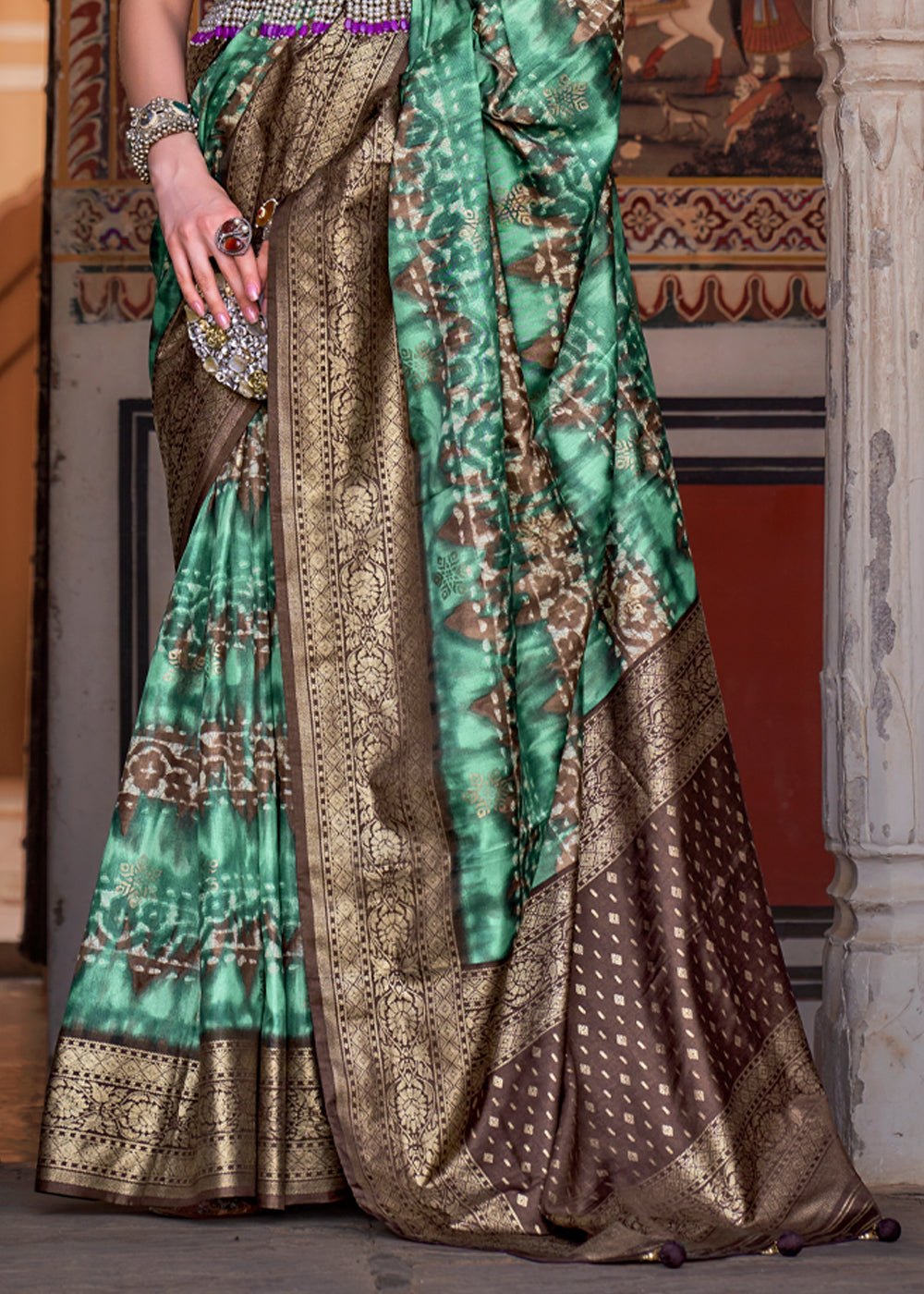 Patina Green Printed Patola Soft Silk Saree