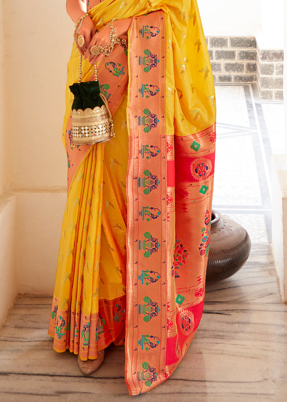 Mustard Yellow and Pink Zari Woven Paithani Silk Saree