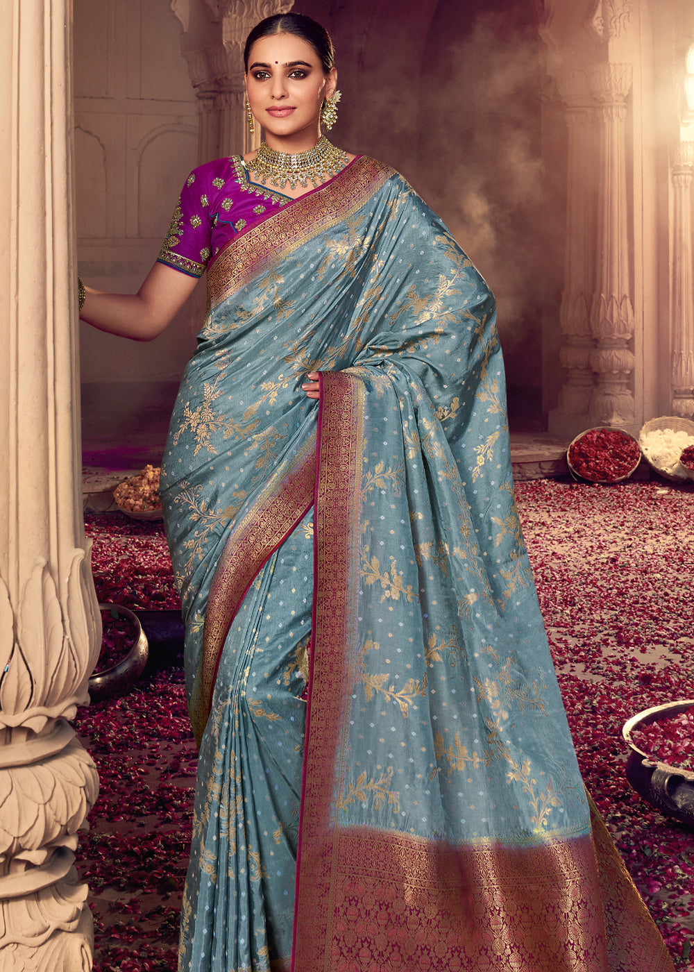 Granny Smith Grey and Purple Zari Woven Designer Banarasi Saree