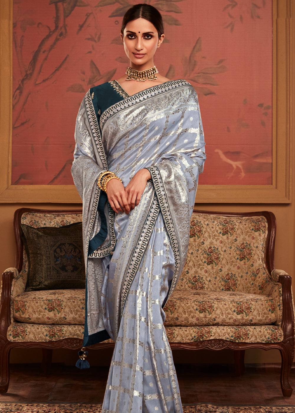 Silver Grey Woven Banarasi Designer Silk Saree With Embroidered Blouse