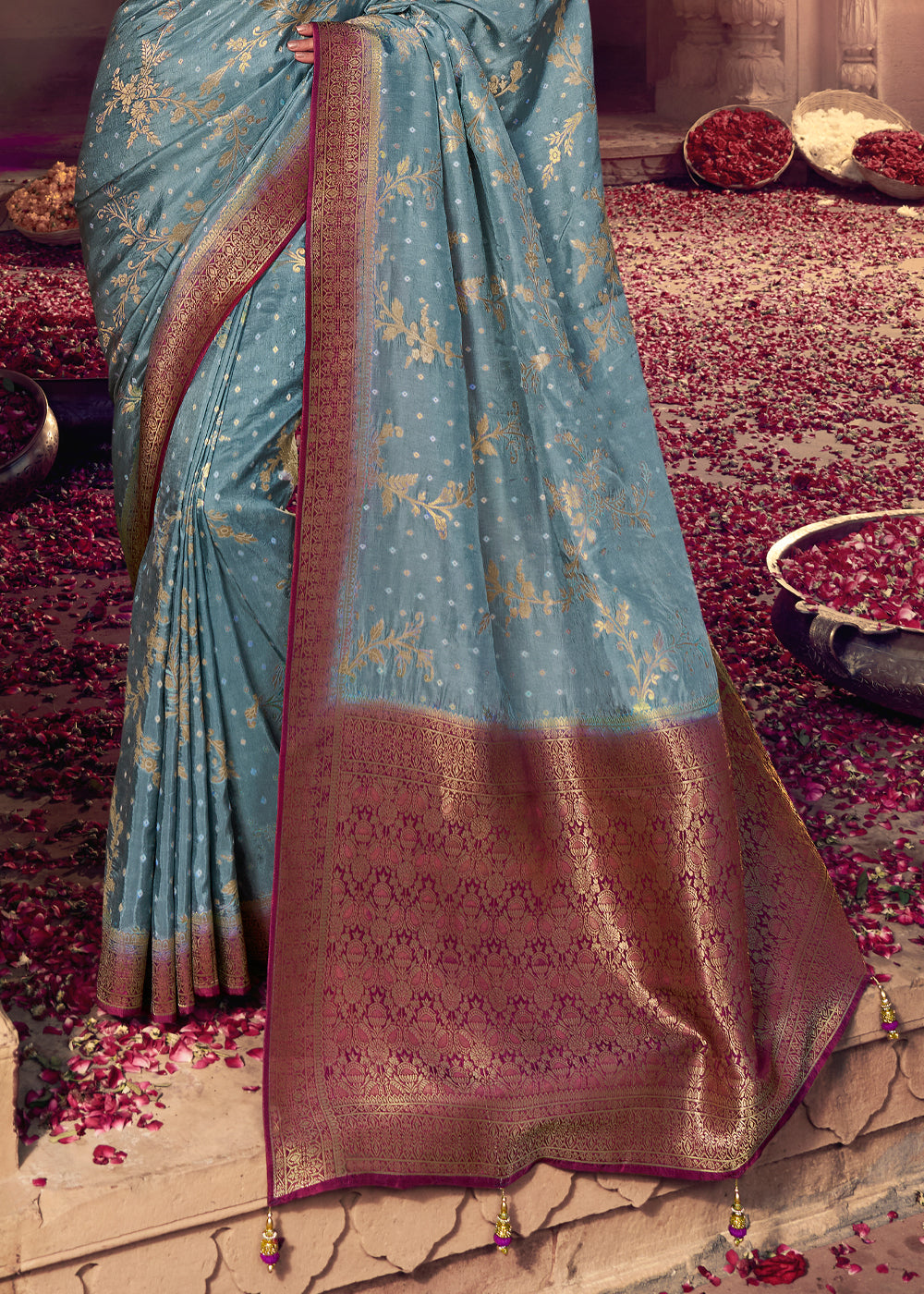 Granny Smith Grey and Purple Zari Woven Designer Banarasi Saree