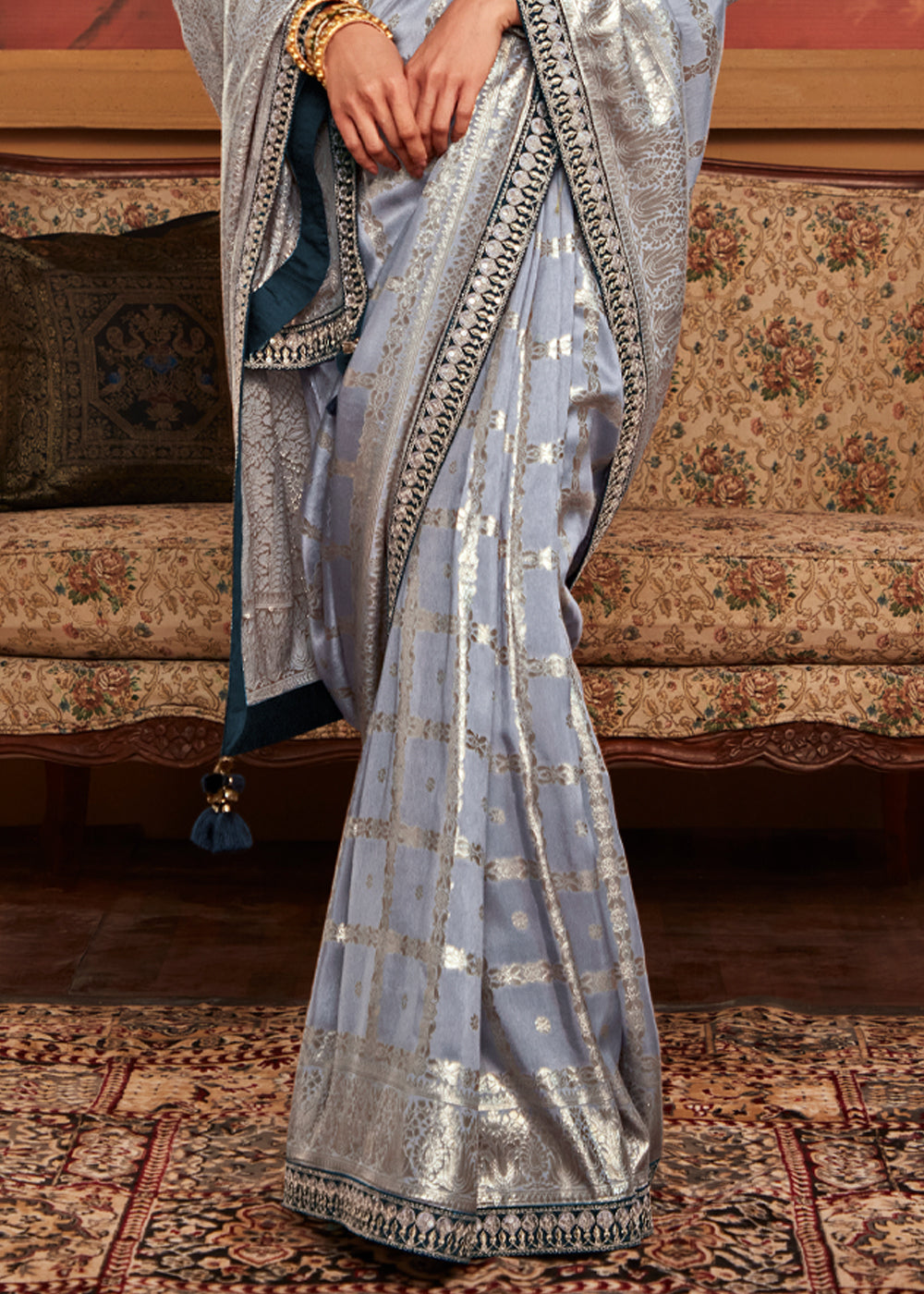 Silver Grey Woven Banarasi Designer Silk Saree With Embroidered Blouse