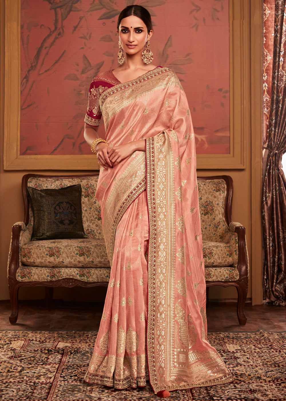 Harvest Gold Peach Woven Banarasi Designer Silk Saree With Embroidered Blouse