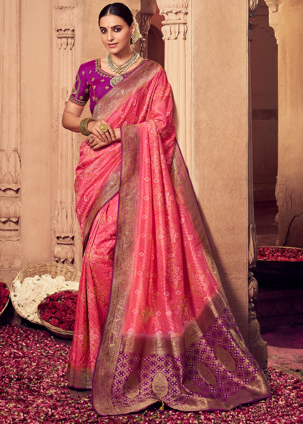 Carnation Pink and Purple Zari Woven Designer Banarasi Saree