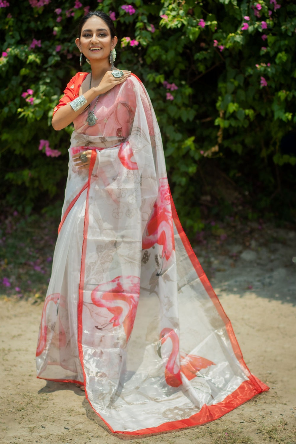 Cloudy Grey and Red Floral Design Organza Printed Saree