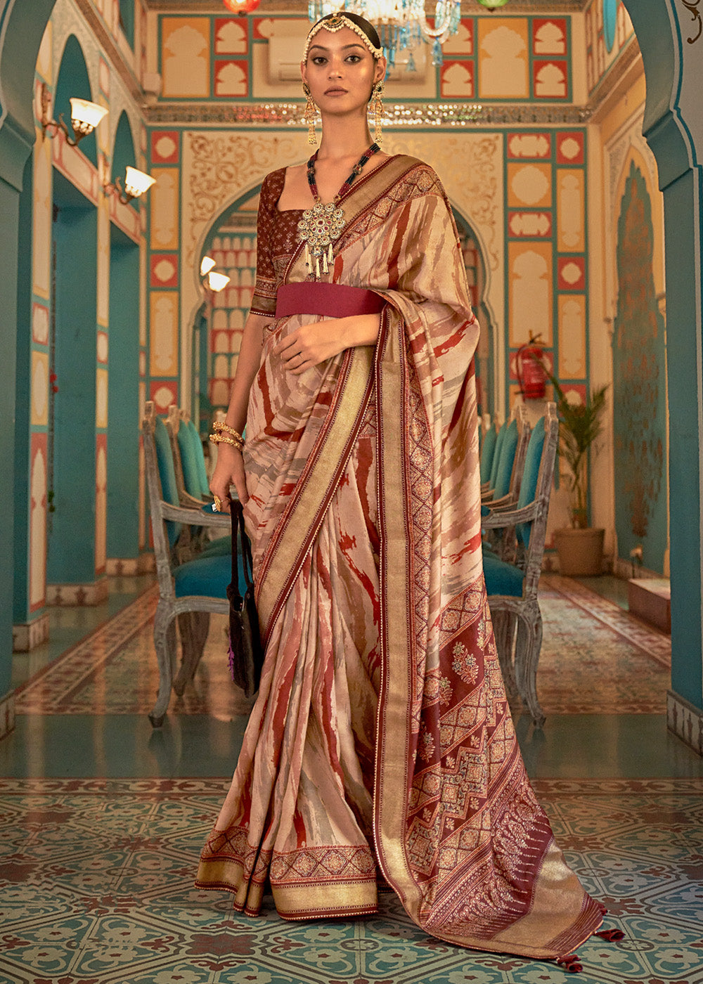 Prairie Maroon Printed Patola Soft Silk Saree