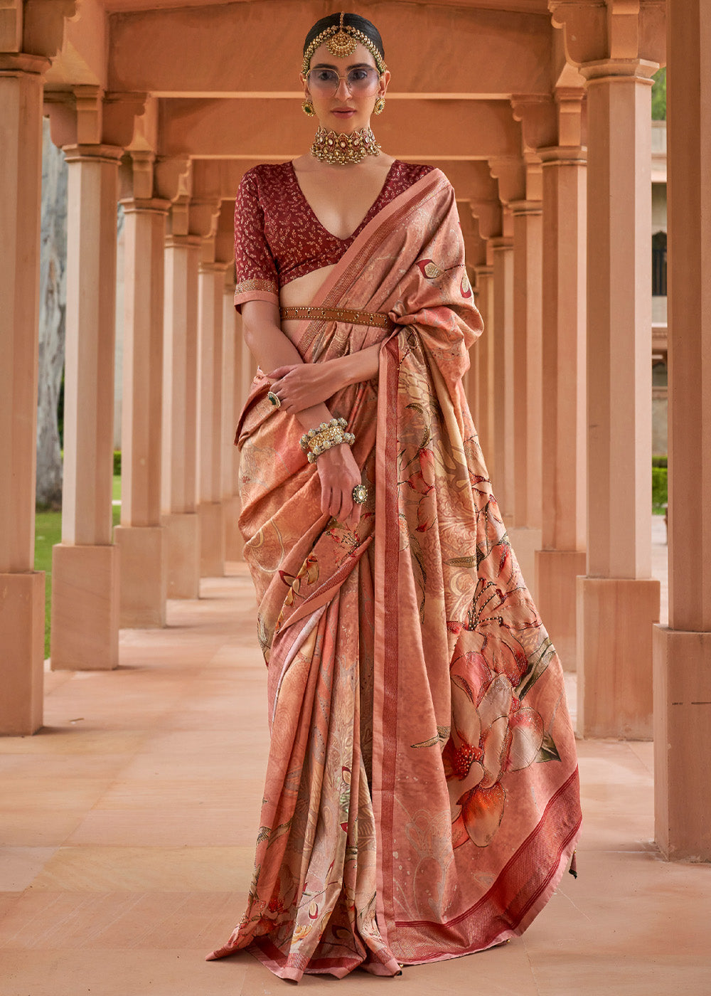 Wax Flower Peach Printed Patola Soft Silk Saree