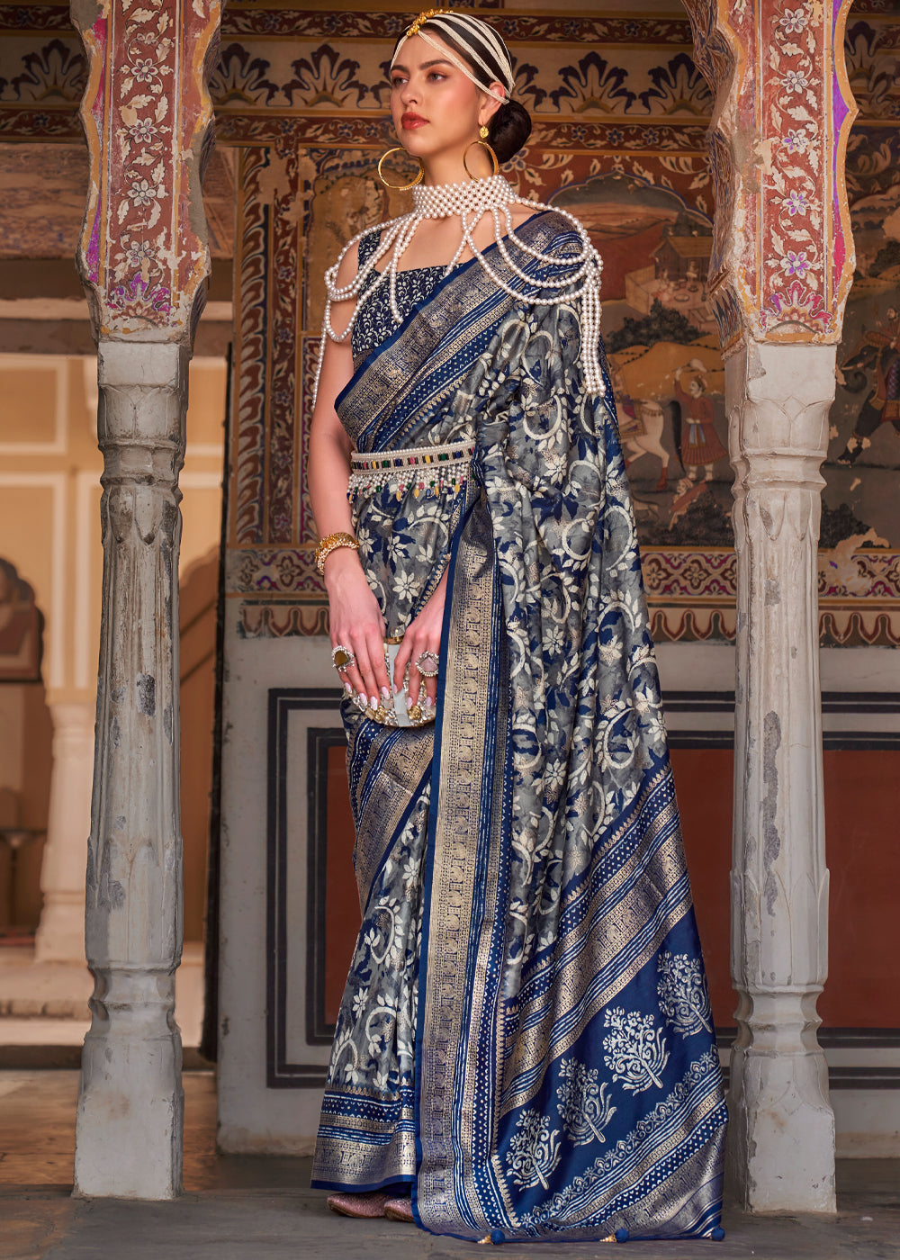 Tuna Blue Printed Patola Soft Silk Saree