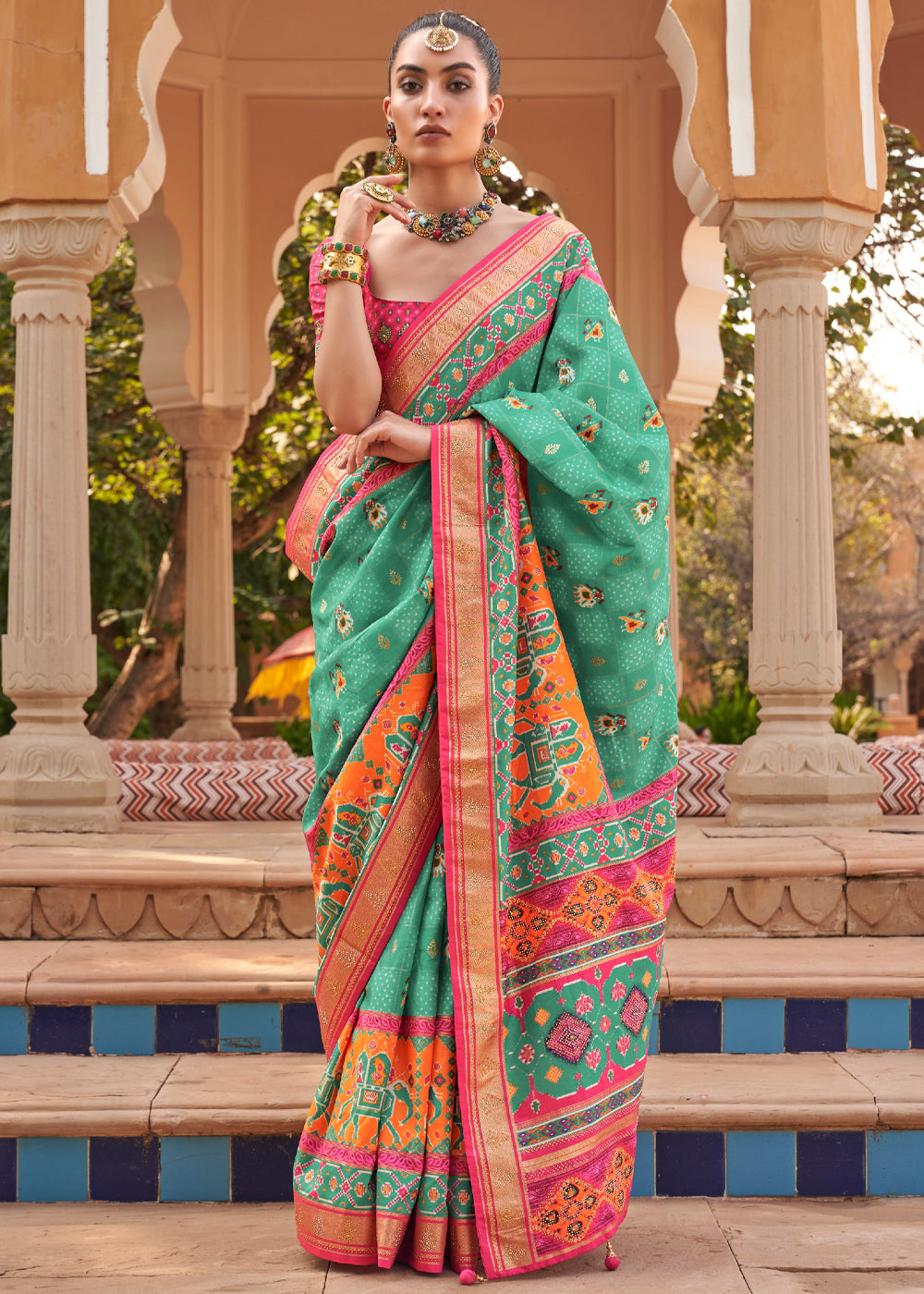 Riptide Green Printed Patola Silk Saree