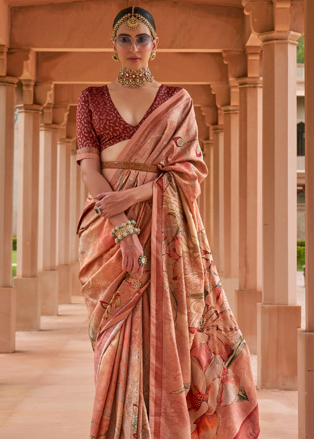 Wax Flower Peach Printed Patola Soft Silk Saree