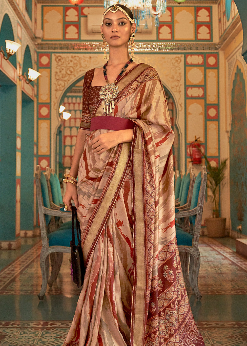 Prairie Maroon Printed Patola Soft Silk Saree