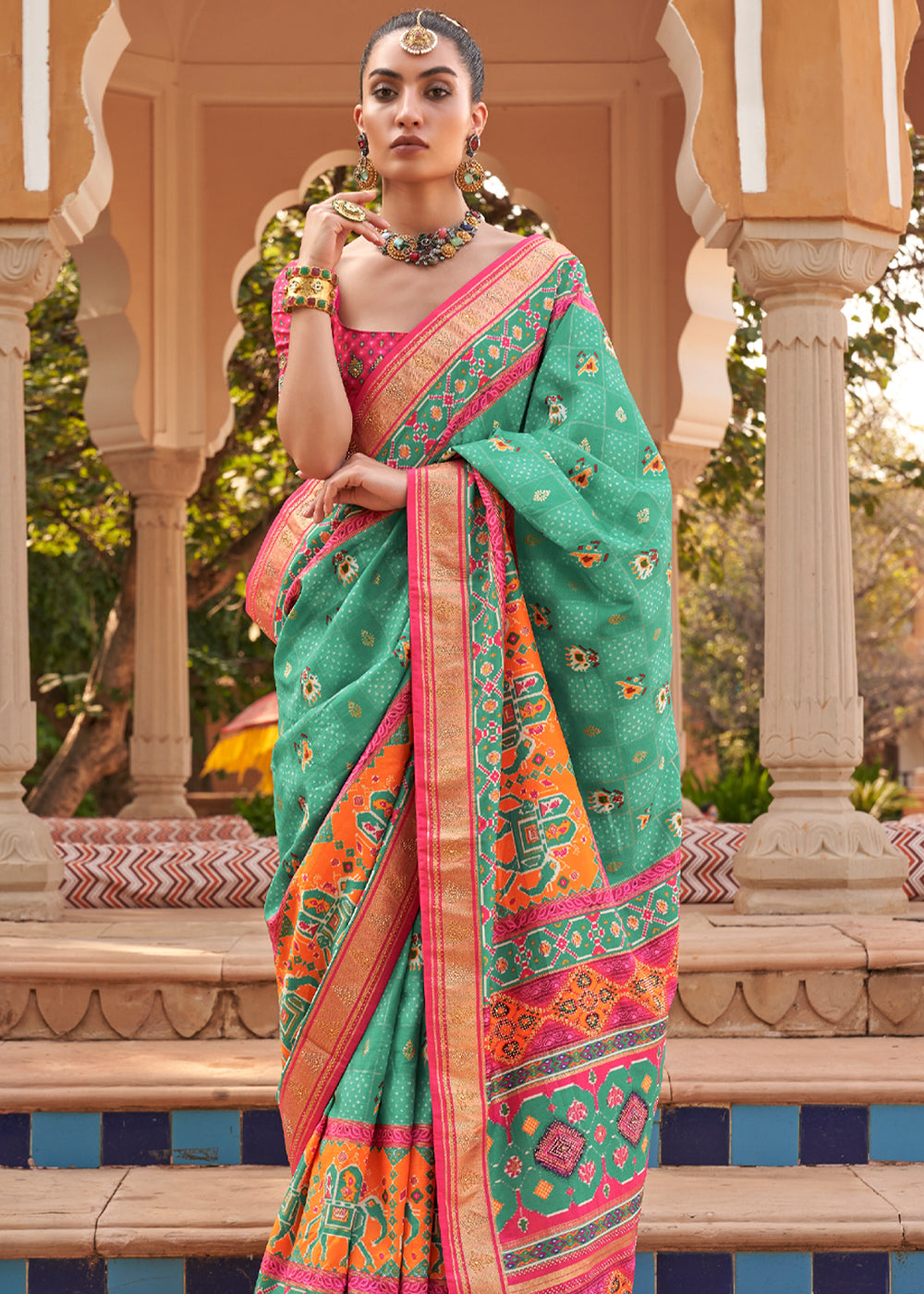 Riptide Green Printed Patola Silk Saree