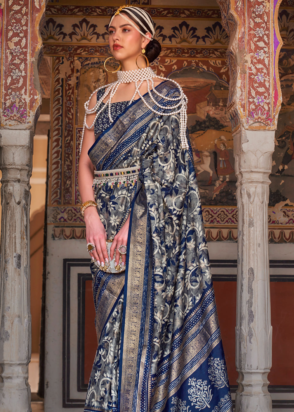 Tuna Blue Printed Patola Soft Silk Saree