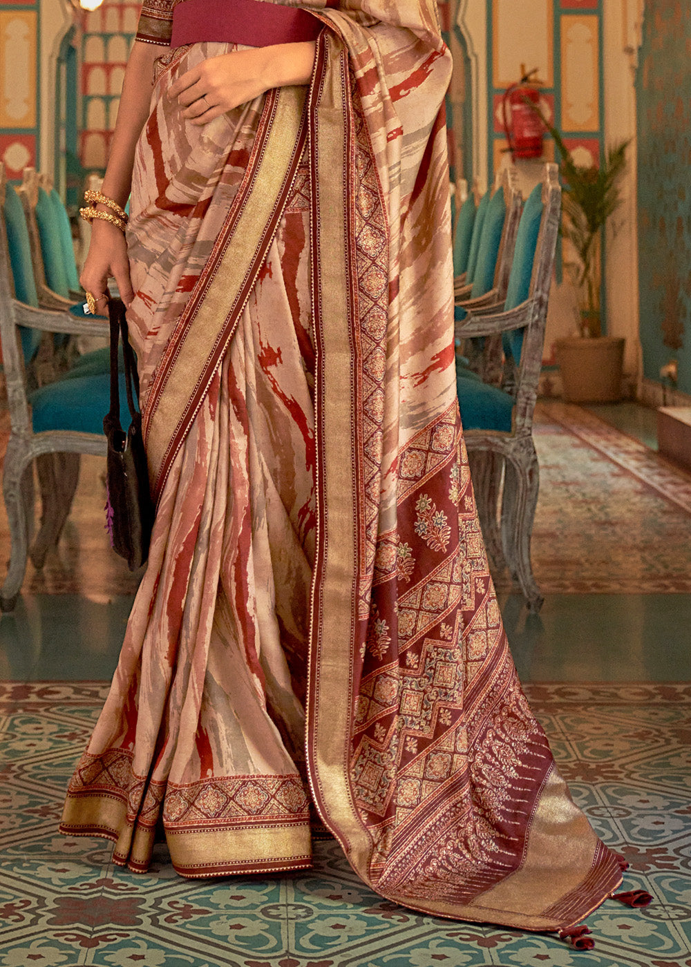 Prairie Maroon Printed Patola Soft Silk Saree