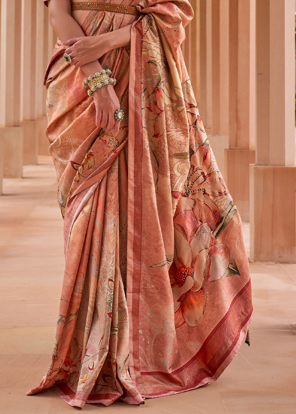 Wax Flower Peach Printed Patola Soft Silk Saree