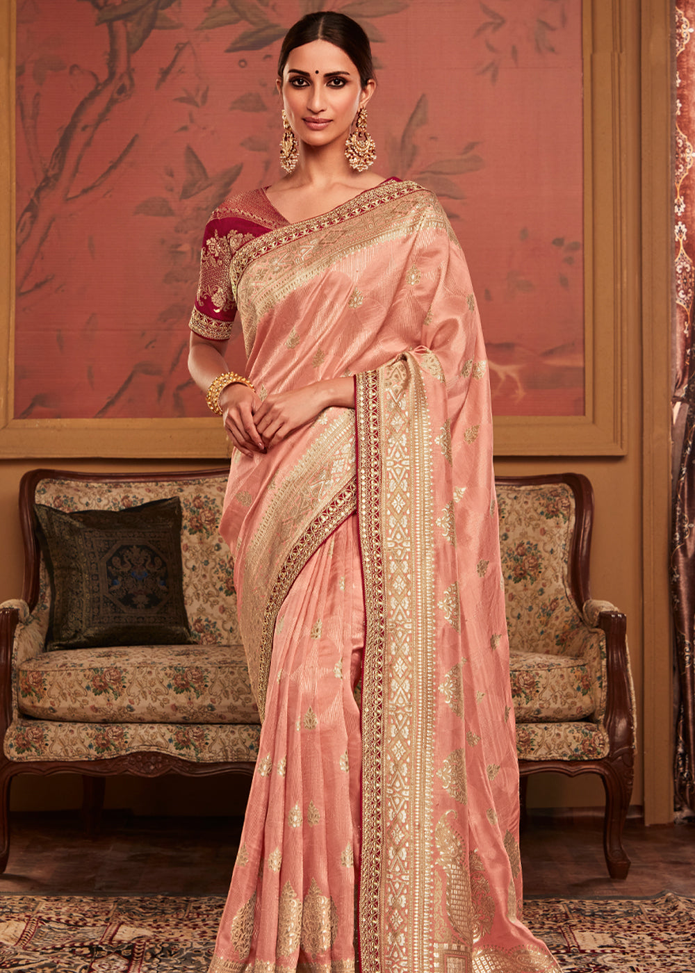 Harvest Gold Peach Woven Banarasi Designer Silk Saree With Embroidered Blouse