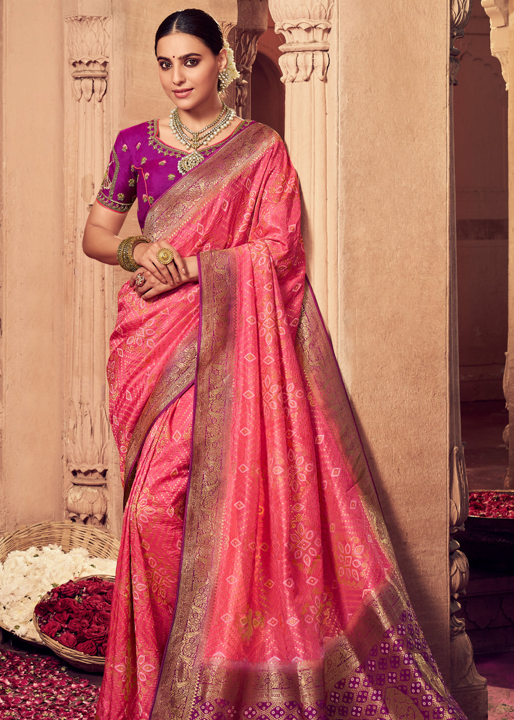 Carnation Pink and Purple Zari Woven Designer Banarasi Saree