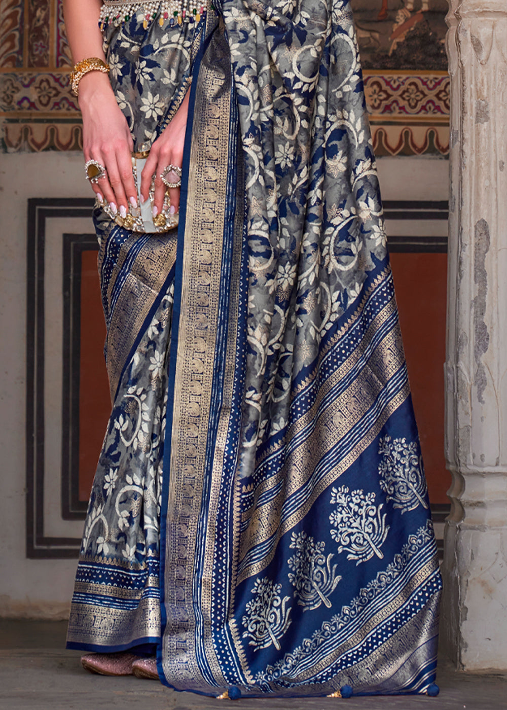 Tuna Blue Printed Patola Soft Silk Saree