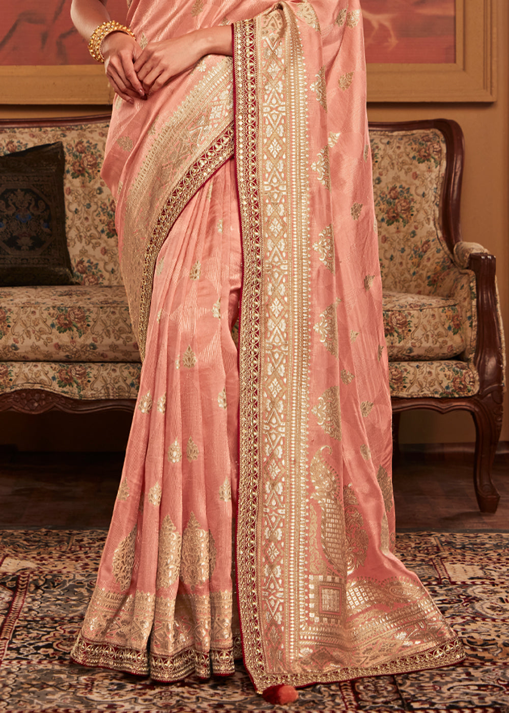 Harvest Gold Peach Woven Banarasi Designer Silk Saree With Embroidered Blouse