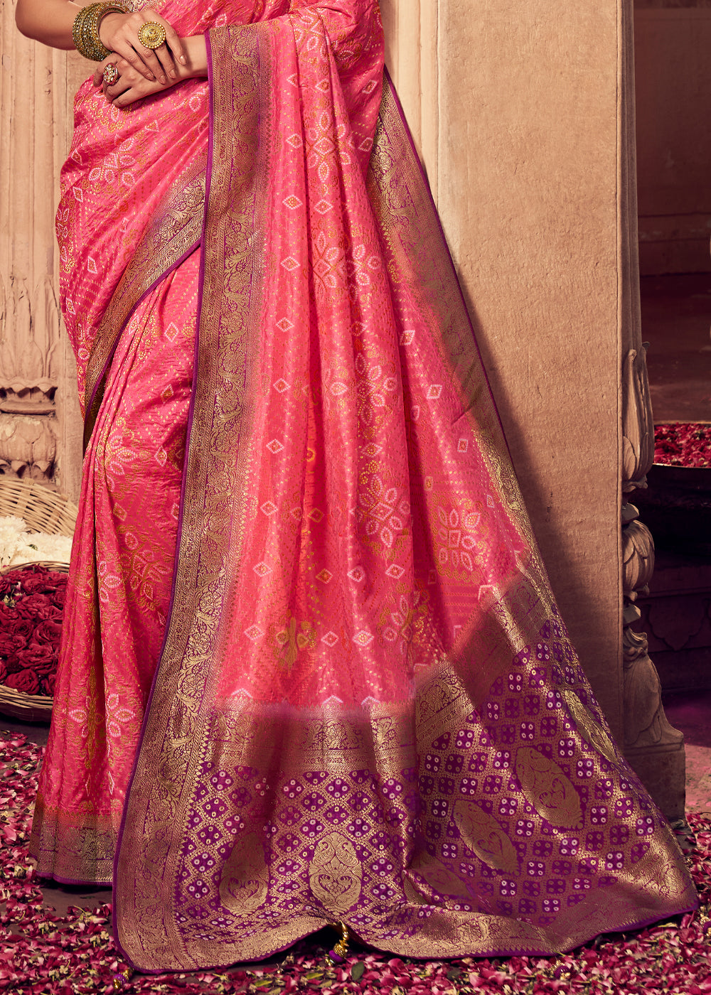 Carnation Pink and Purple Zari Woven Designer Banarasi Saree