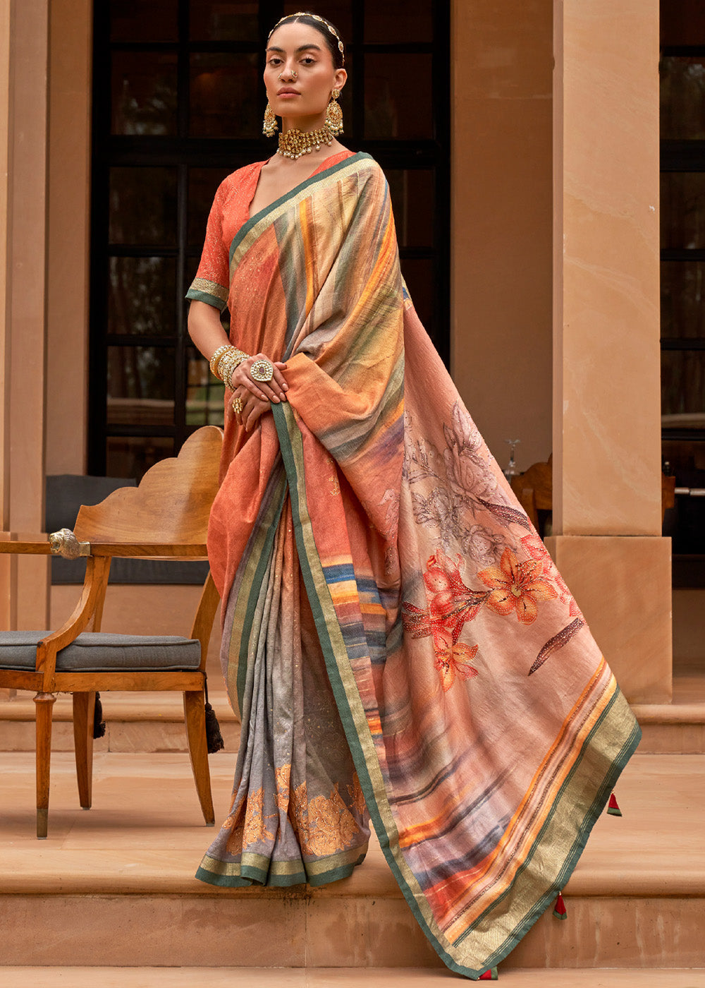 Flesh Peach Printed Patola Soft Silk Saree