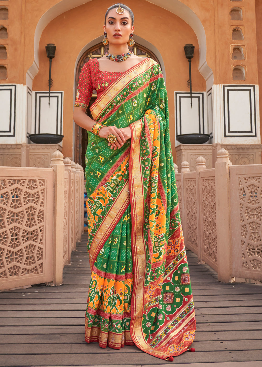 Olivine Green Printed Patola Silk Saree