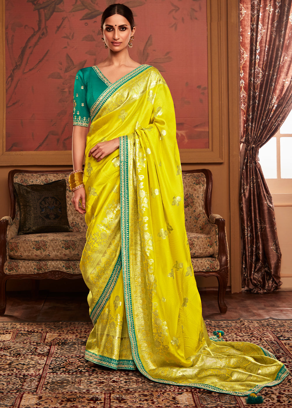 Ripe Lemon Yellow Woven Banarasi Designer Silk Saree With Embroidered Blouse