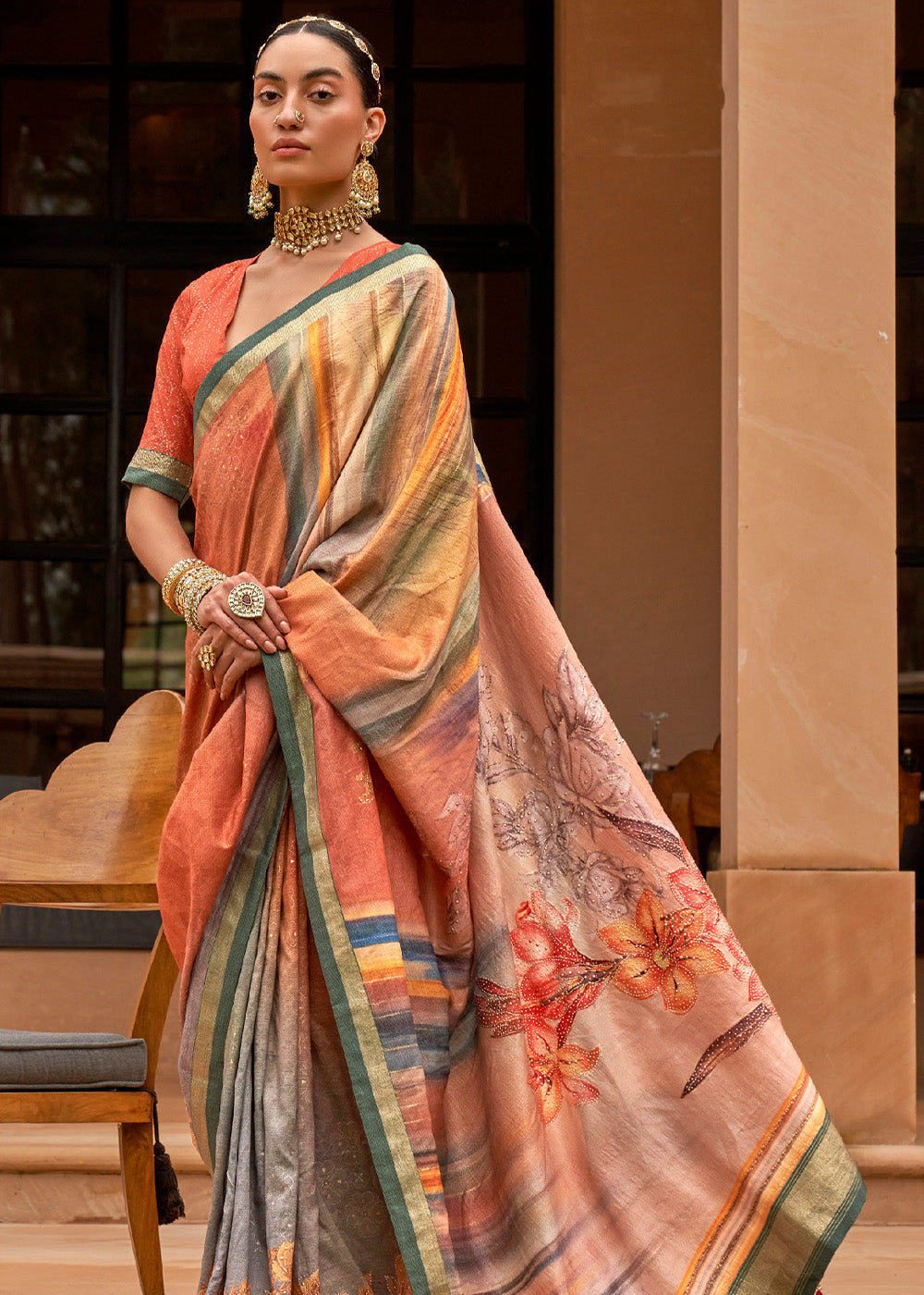 Flesh Peach Printed Patola Soft Silk Saree