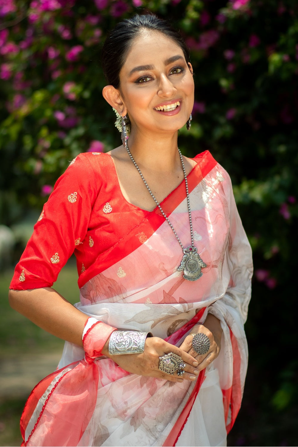 Cloudy Grey and Red Floral Design Organza Printed Saree