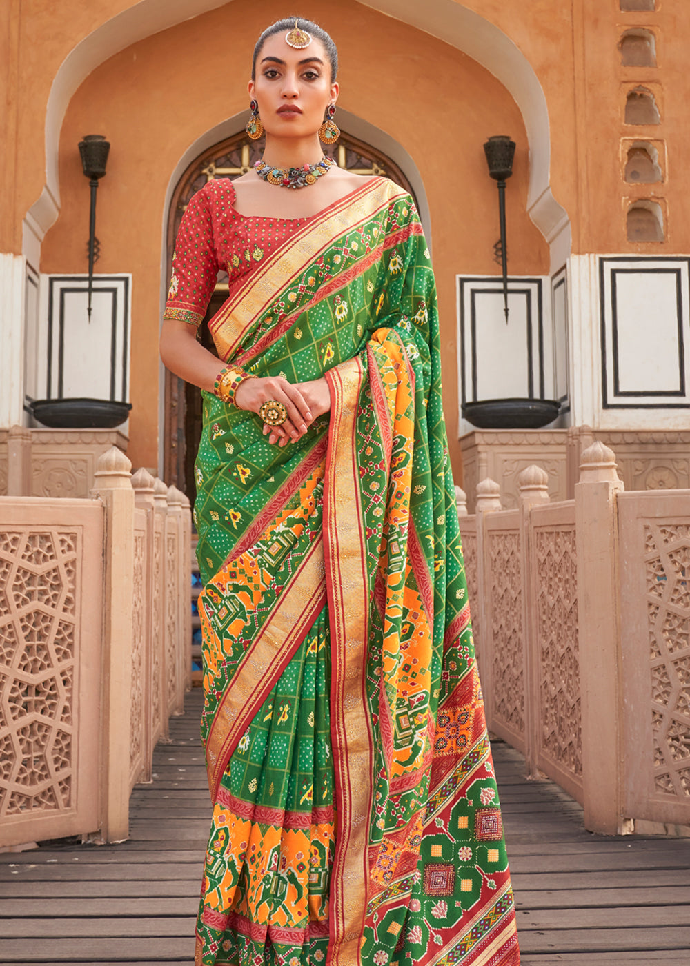 Olivine Green Printed Patola Silk Saree